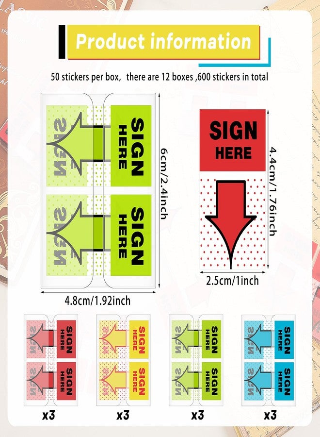 Jutom 12 Pack/ 600 Pcs Sign Here Tabs Sign Here Post Stickers Sticky Notarize Initial Date Tabs Flags Arrow Stickers Flags for Office School Students Notebook Annotating Notary Books, Multicolored - Image 2